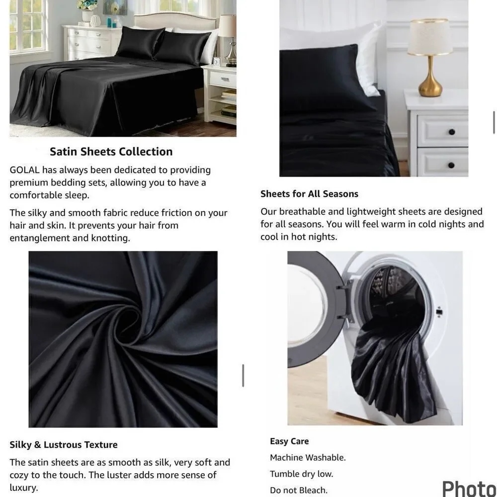 NWT Gorgeous Honeymoon Queen Black Luxury Soft Shiny Smooth Satin 4 pc Sheet Set